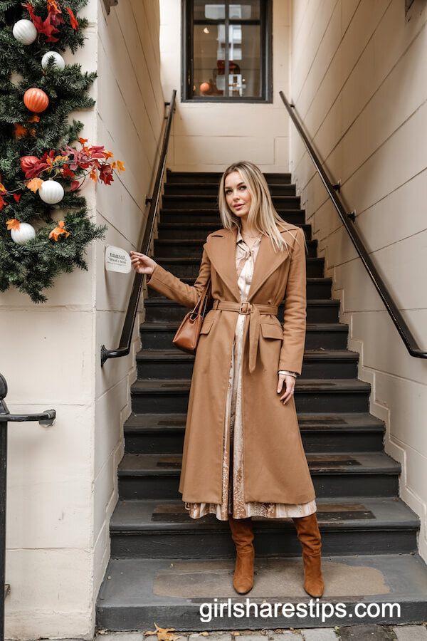 Camel Coat & Printed Midi Dress