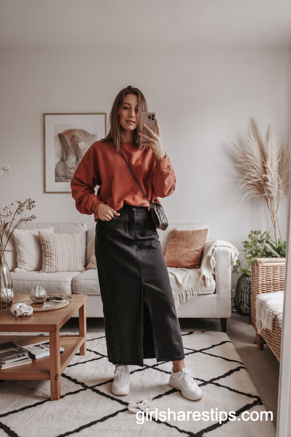 Black Denim Maxi Skirt & Orange Sweatshirt