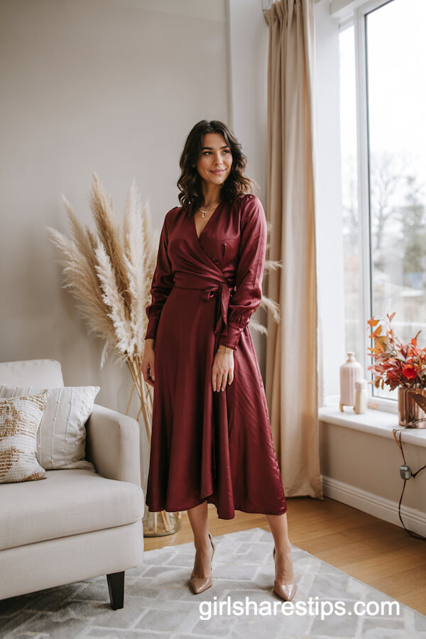 Burgundy Wrap Dress & Nude Heels