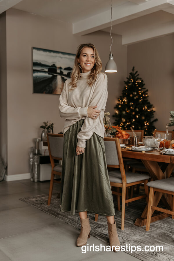 Cream Knit Sweater & Velvet Skirt