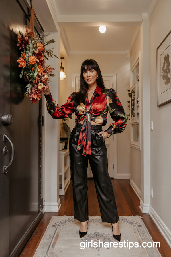 Bold Floral Blouse & Leather Pants
