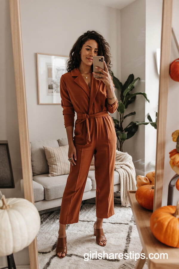 Burnt Orange Jumpsuit & Block Heels