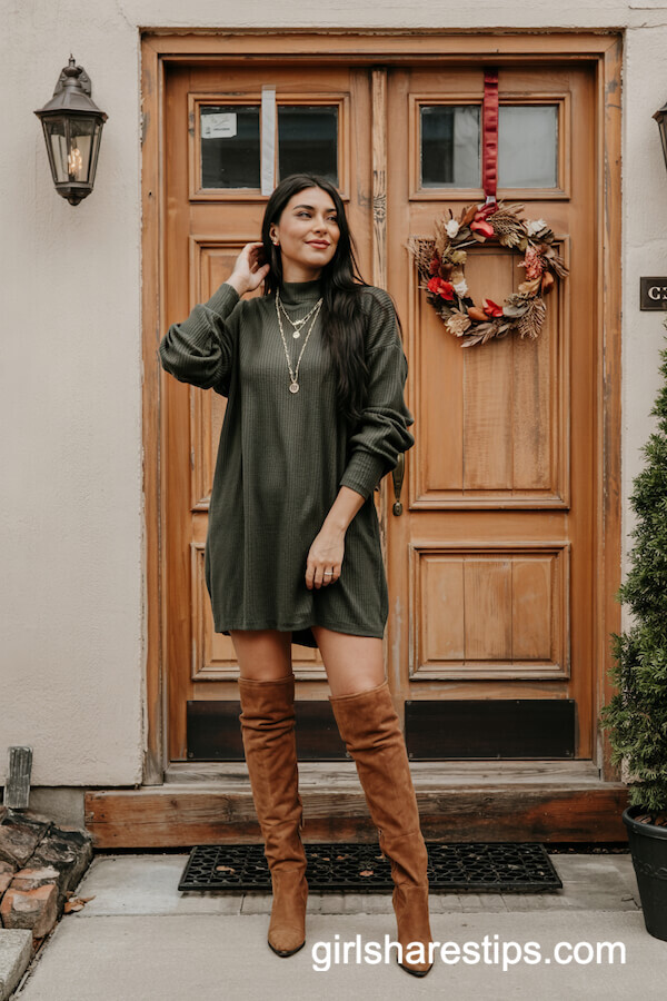 Olive Sweater Dress & Knee Boots