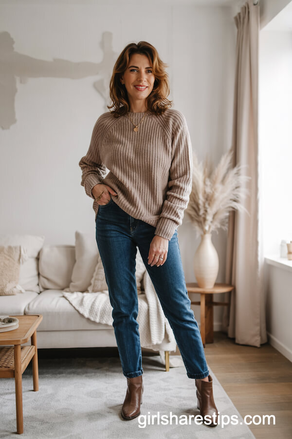 Chunky Knit Sweater with Dark Jeans and Ankle Boots