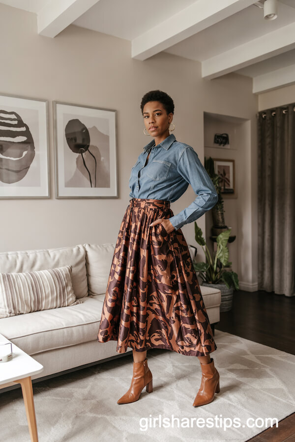 Bold Print Midi Skirt and Chambray Shirt Outfit