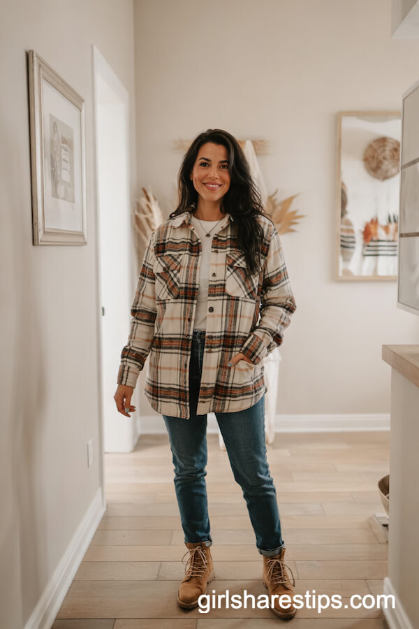 Flannel Shacket over Tee and Slim Jeans with Boots