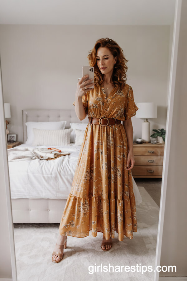 Orange Floral Maxi Dress with Leather Belt