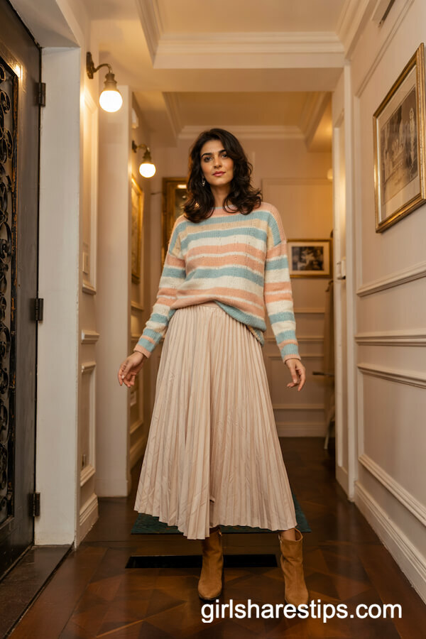 Pastel Striped Sweater with Pleated Cream Skirt
