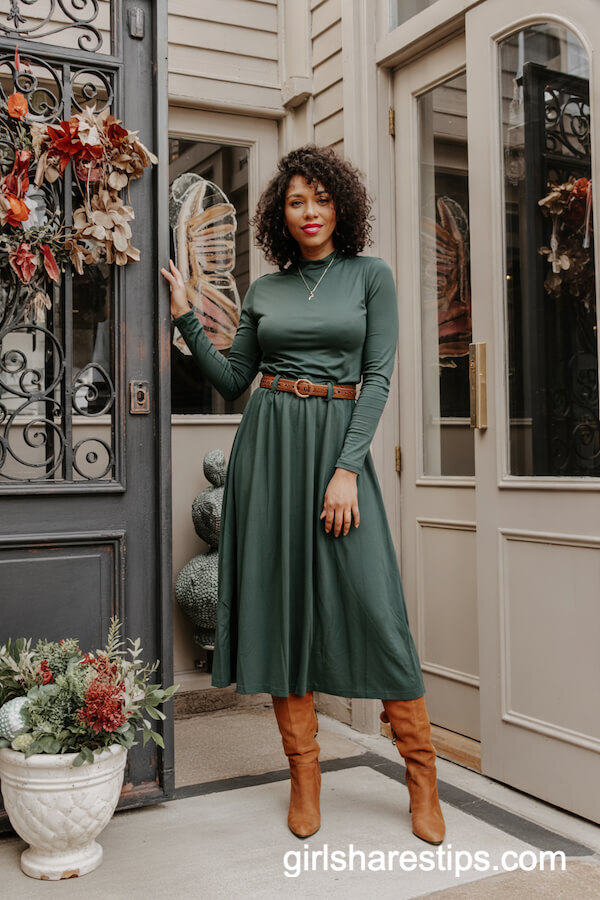 Forest Green Midi Dress with Knee-High Boots