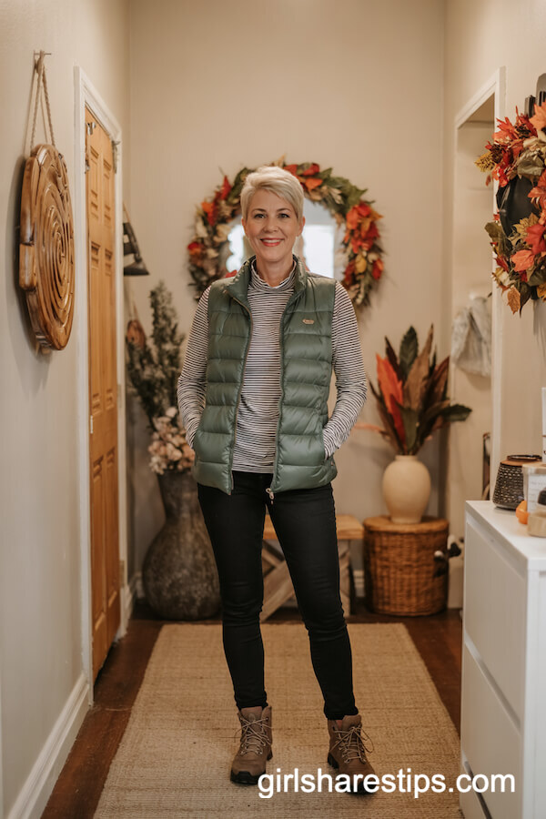 Green Puffer Vest and Striped Shirt with Skinny Jeans