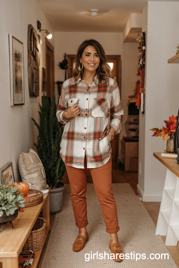 Plaid Button-Up with Rust Slim Pants and Loafers