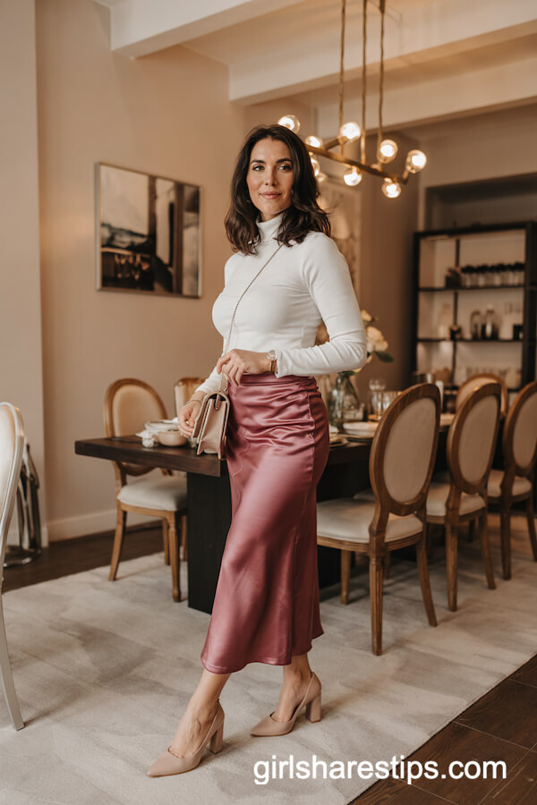 Cream Turtleneck and Satin Burgundy Midi Skirt