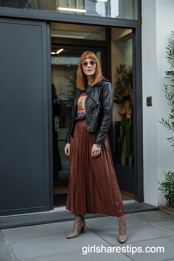 Leather Jacket with Pleated Maxi Skirt and Boots
