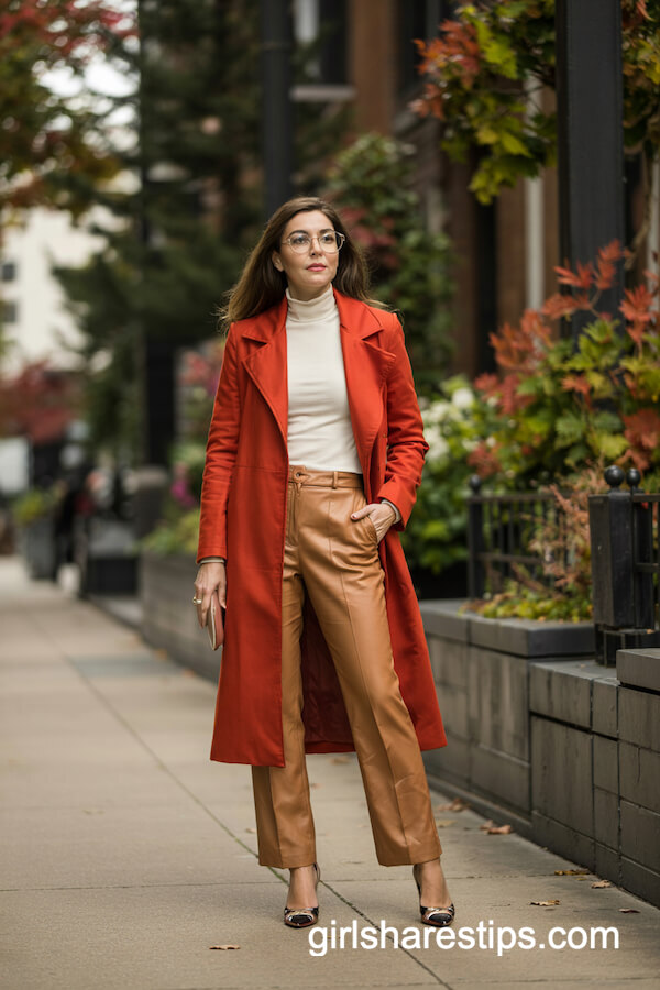 Orange-Red Statement Coat with Cream and Tan Layers
