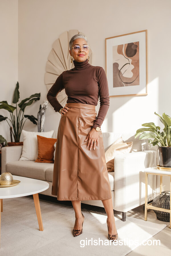 Brown Turtleneck and Camel Midi Skirt with Pumps
