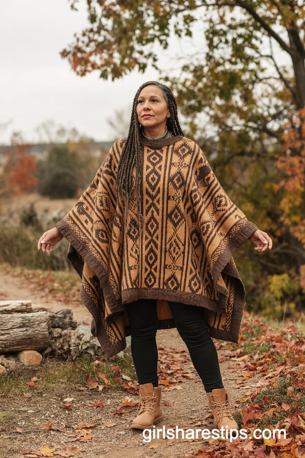 Patterned Poncho with Leggings and Tan Boots