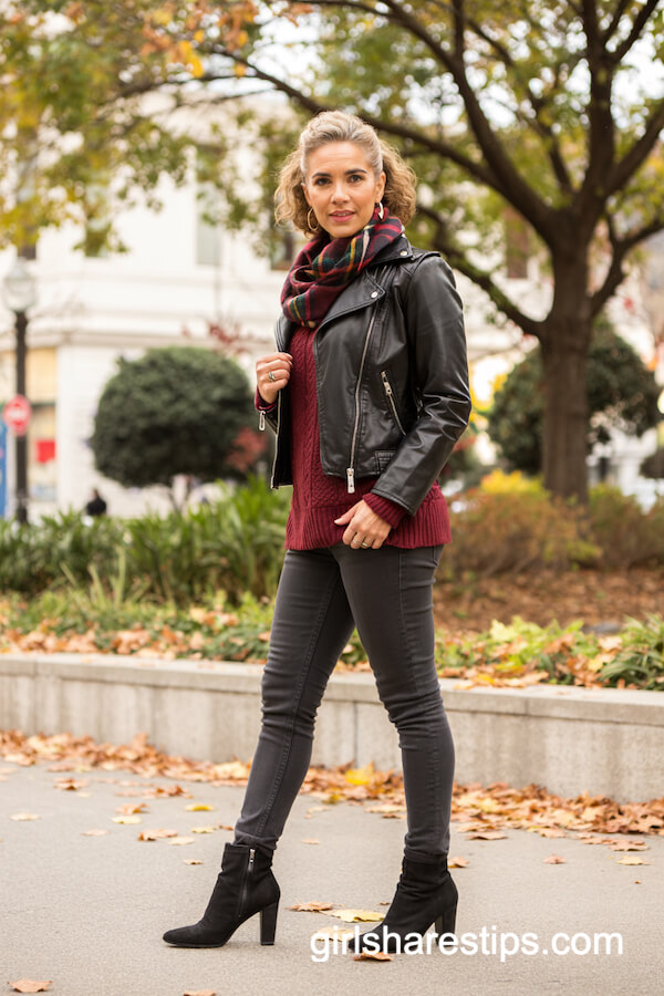 Black Leather Jacket and Burgundy Sweater Combo