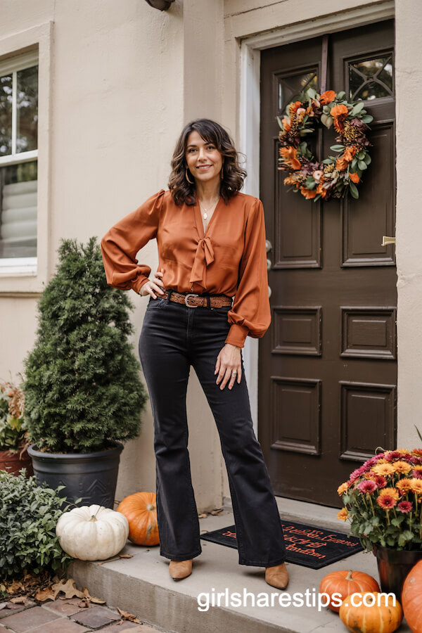 Burnt-Orange Blouse with High-Waisted Flare Jeans