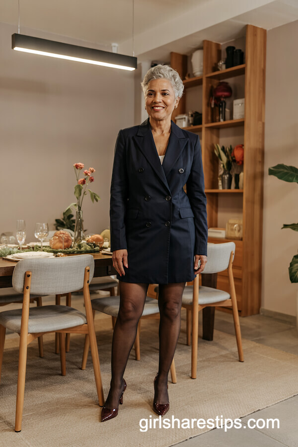Navy Blazer Dress with Sheer Tights and Heels