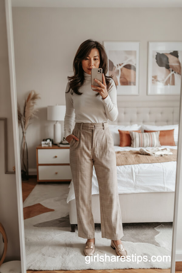 Fitted Cream Turtleneck and Plaid Tailored Pants