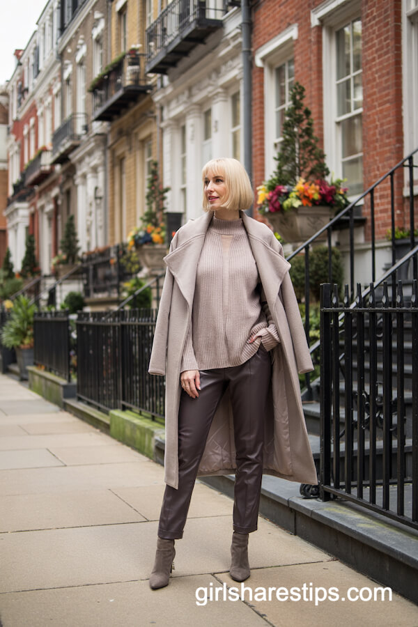 Gray Wrap Coat with Mauve Sweater and Heeled Boots