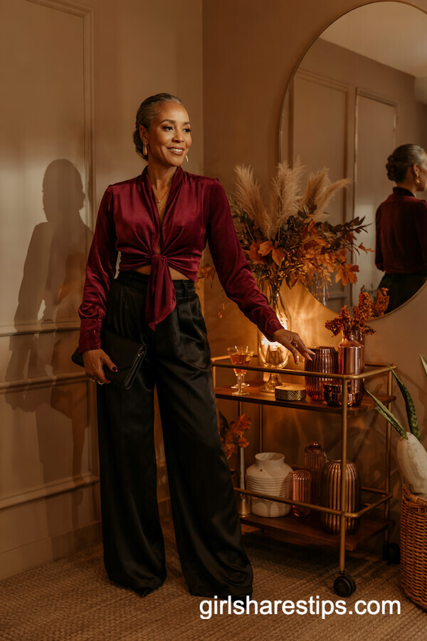 Burgundy Velvet Blouse with Black Palazzo Pants