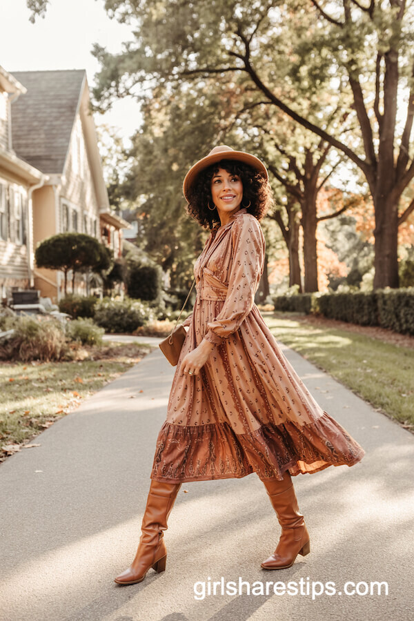 Boho Midi Dress with Knee-High Boots and Felt Hat