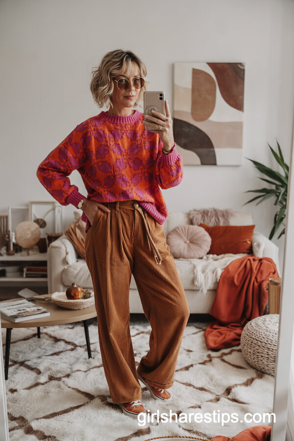 Bright Patterned Sweater with Corduroy Trousers