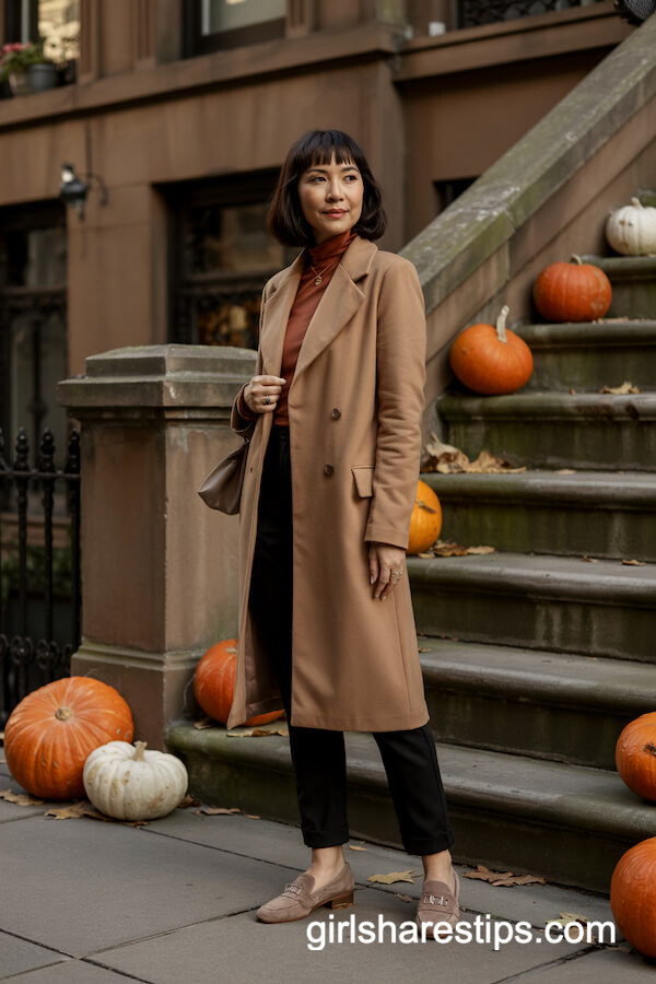 Camel Coat and Rust Turtleneck with Slim Black Pants