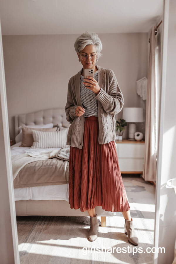 Taupe Cardigan with Pleated Skirt and Striped Tee