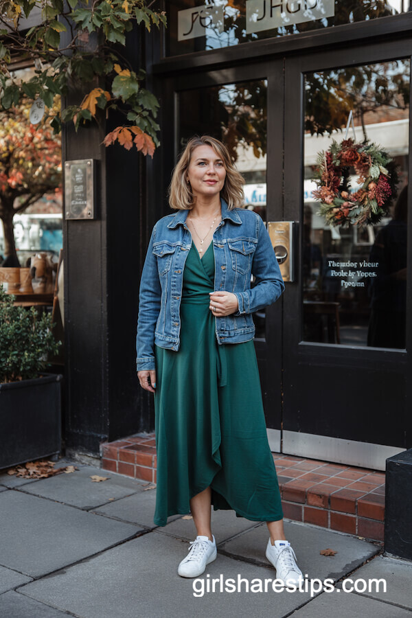 Denim Jacket Over Green Wrap Dress and Sneakers