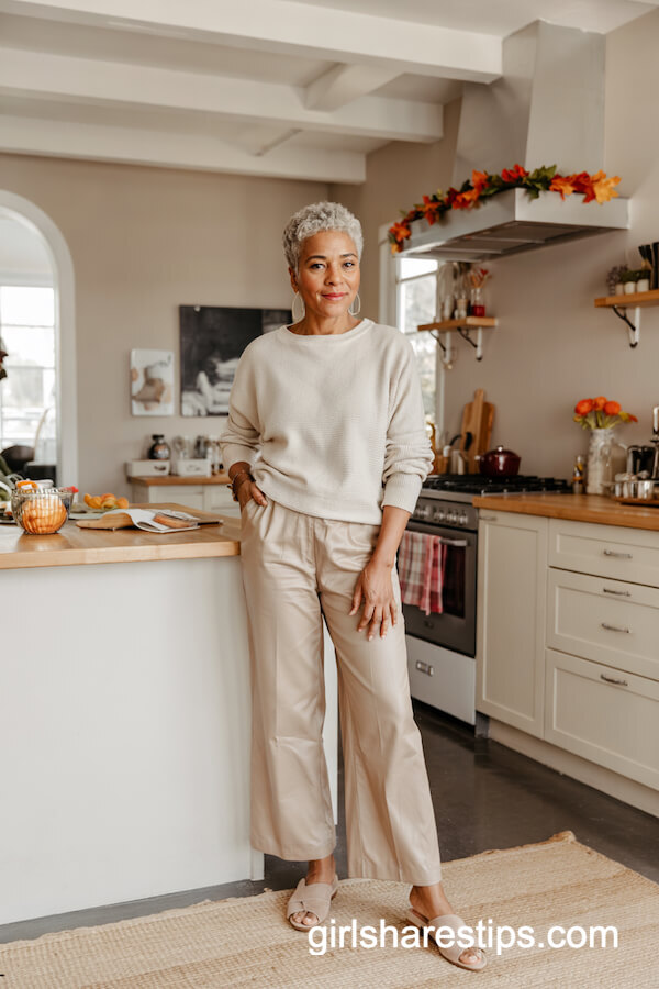 Monochrome Beige Knit with Wide-Leg Trousers