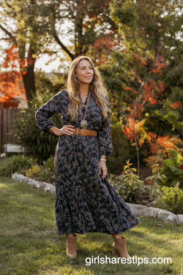 Navy Floral Maxi Dress with Leather Belt and Boots