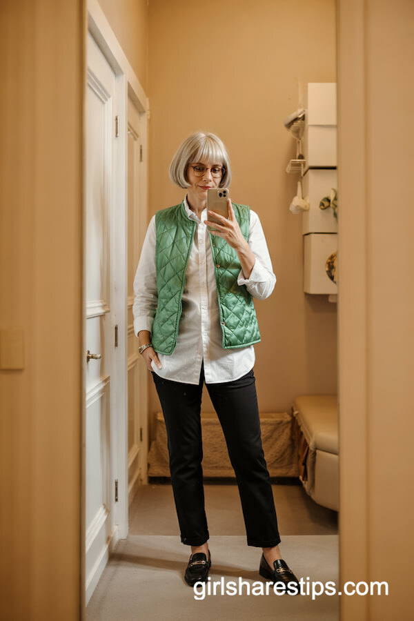 Quilted Vest over White Shirt and Black Trousers