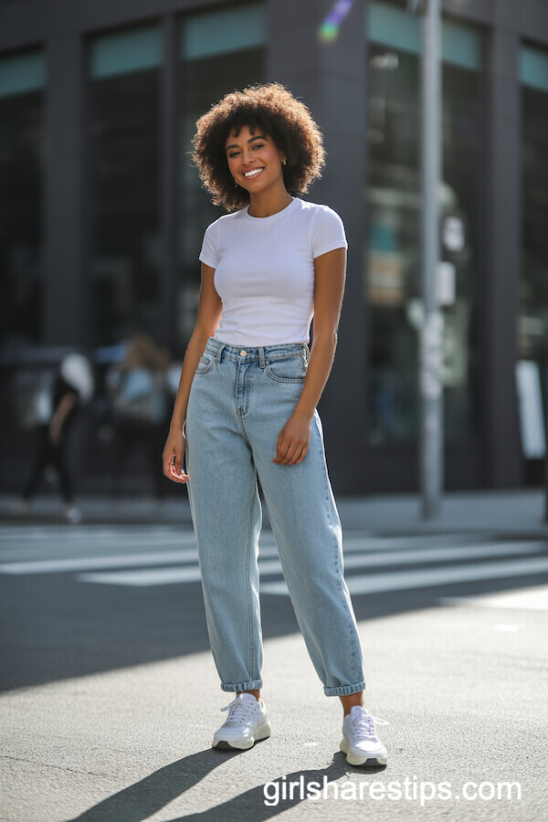 White Tucked T-Shirt with Light Wash Baggy Jeans and White Sneakers