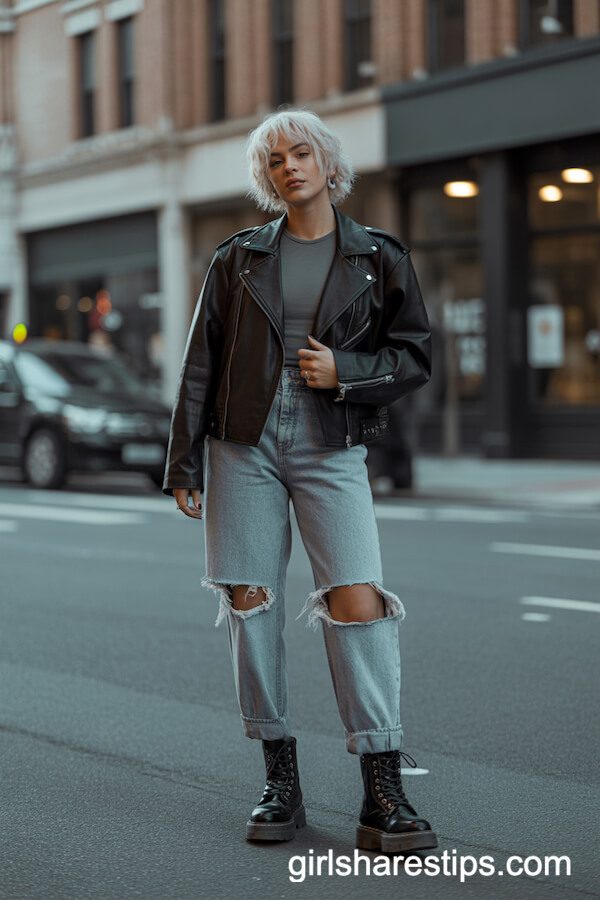 Black Faux Leather Jacket with Fitted Tee and Faded Baggy Jeans