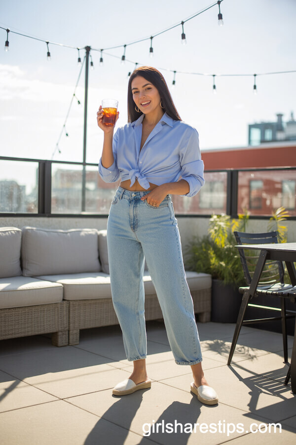 Light Blue Button-Down Shirt Tied at Waist with Baggy Jeans and Espadrilles