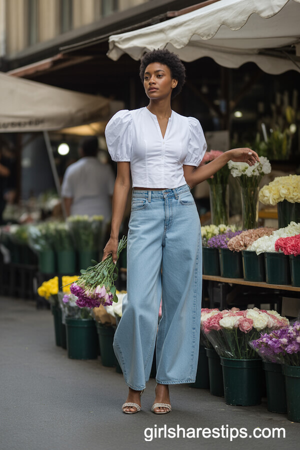 White Puff Sleeve Blouse Tucked into Medium Blue Jeans with Sandals
