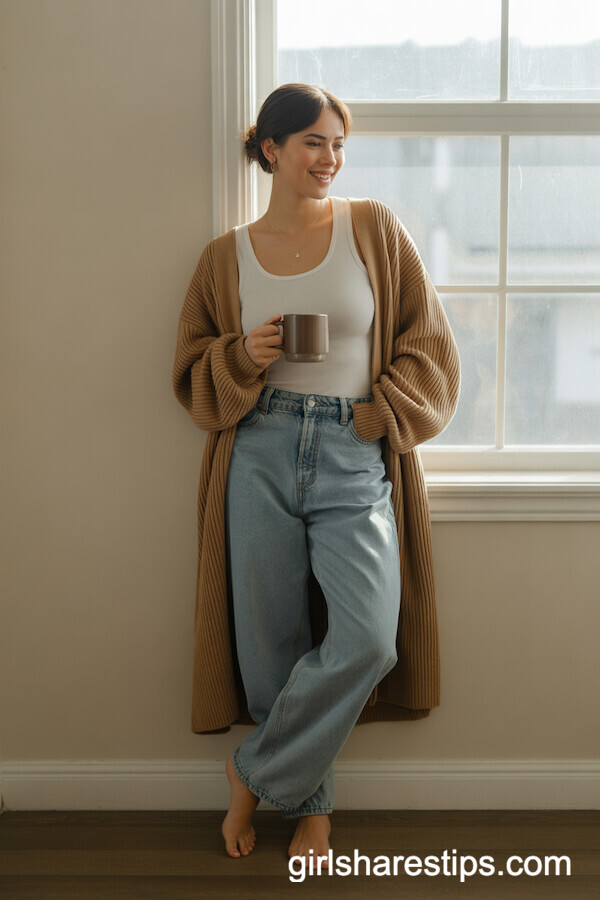 Tan Oversized Cardigan with White Tank and Extremely Baggy Jeans