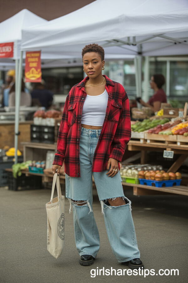 Red Plaid Flannel Shirt with White Tank and Ripped Baggy Jeans