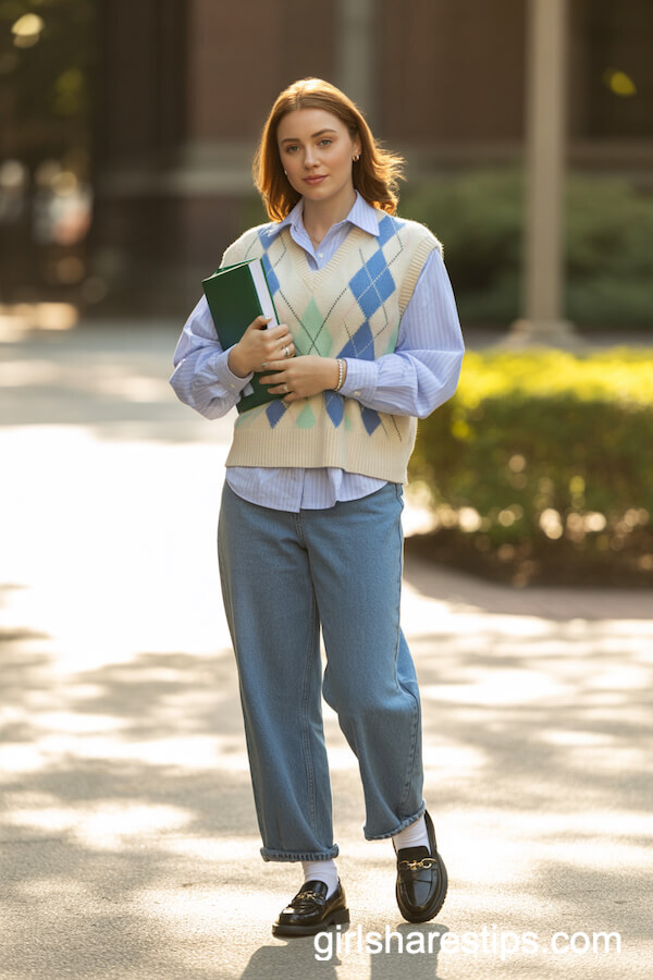 Pastel Argyle Sweater Vest with Collared Shirt and Classic Blue Jeans