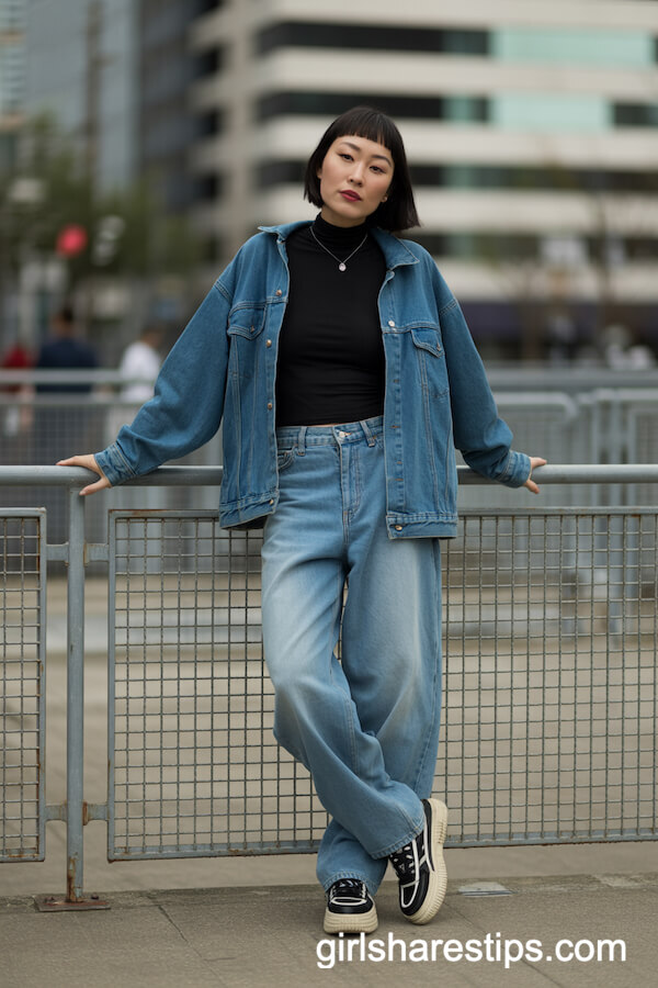 Black Turtleneck with Denim Jacket and Super Baggy Jeans