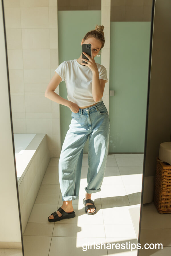 Plain White Tee with Loose Baggy Jeans and Black Dad Sandals