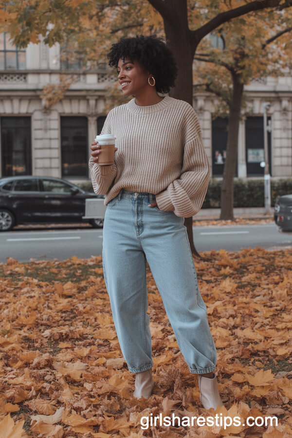 Chunky Knit Sweater Half-Tucked into Baggy Blue Jeans with Ankle Boots