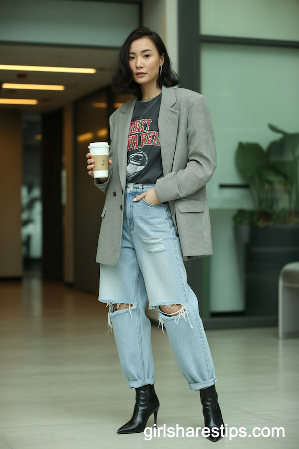 Grey Oversized Blazer with Graphic Tee and Distressed Baggy Jeans