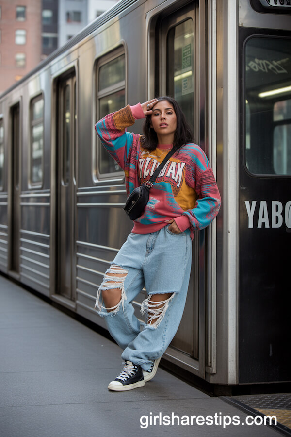 Bold Graphic Sweatshirt with Ripped Baggy Jeans and High-Top Sneakers