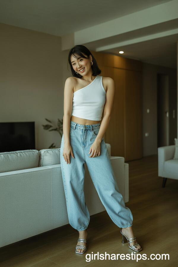 White One-Shoulder Top with High-Waisted Baggy Jeans and Strappy Heels