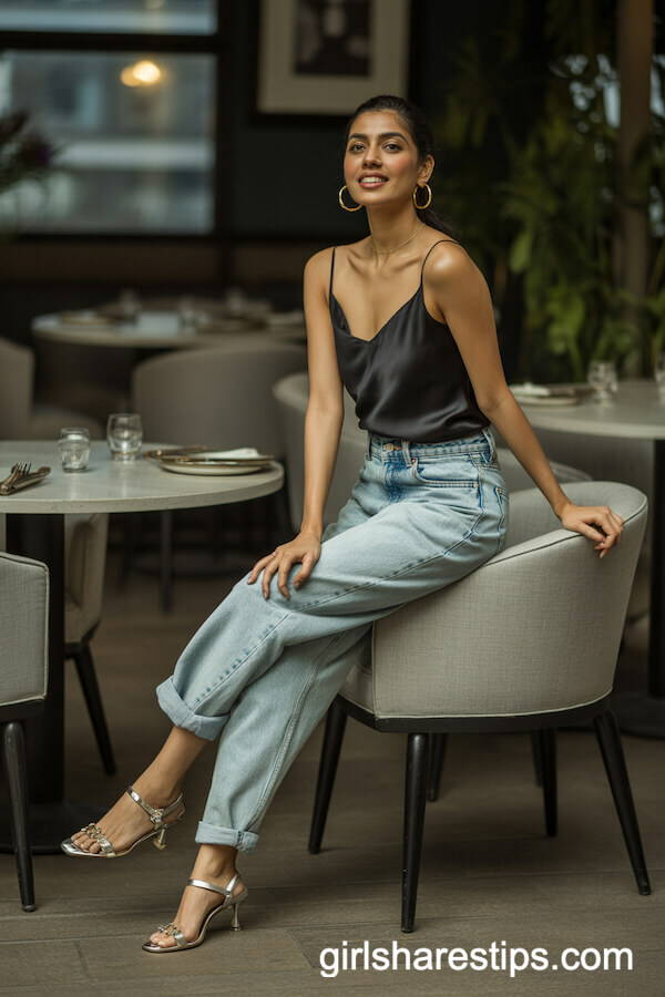 Black Silk Camisole Tucked into Faded Baggy Jeans and Delicate Heels