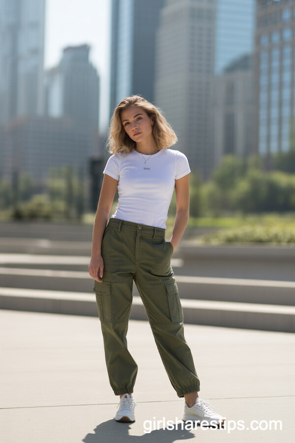 White T-Shirt and Olive Cargo Pants with Sneakers
