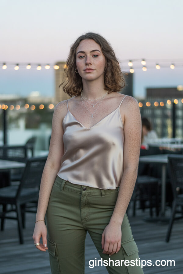 Champagne Satin Cami Slim Olive Cargo Pants